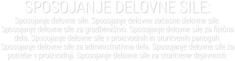 SPOSOJANJE DELOVNE SILE:Sposojanje delovne sile. Sposojanje delovne za�asne delovne sile. Sposojanje delovne sile za gradbeni�tvo. Sposojanje delovne sile za fizi�na dela. Sposojanje delovne sile v proizvodnih in storitvenih panogah. Sposojanje delovne sile za administrativna dela. Sposojanje delovne sile za potrebe v proizvodnji. Sposojanje delovne sile za storitvene dejavnosti.